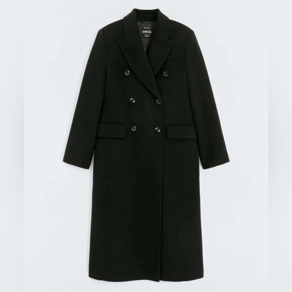 Mango Women's Long Black Wool Double-breasted coat Medium